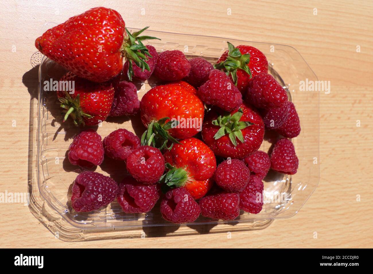 Closeup frische reife sonnenbeschienene Erdbeeren und Himbeeren in einem transparenten Schüssel auf einem Holztisch von oben im Freien Stockfoto