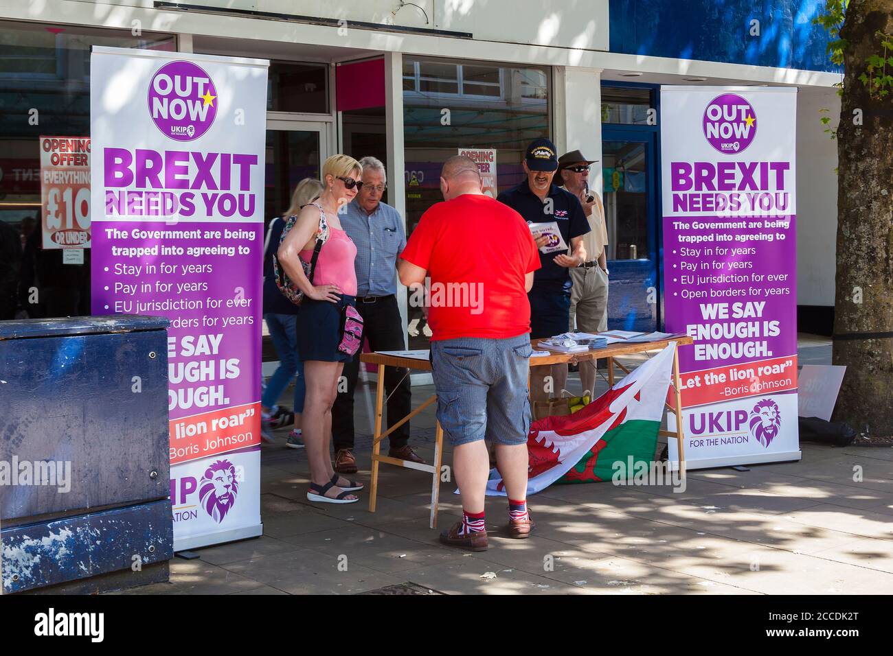 Swansea, Wales, Großbritannien, 30. Juni 2018 : Standtisch und Banner der Brexit-Kampagne der UKIP im Zentrum der Stadt Stockfoto