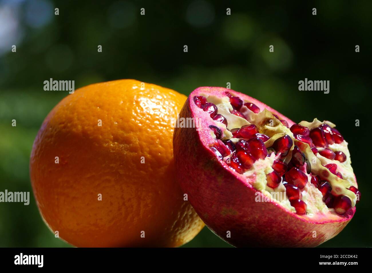 Saft Zutaten - Nahaufnahme einer ganzen sonnenbeschienenen Orange und Ein halber Granatapfel mit Samen auf grünem Hintergrund Stockfoto