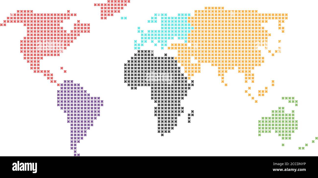 Weltkarte Mosaik von kleinen Kreuzen in defferenter Farbe für jeden Kontinent. Gepunktetes Design. Einfache flache Vektordarstellung. Stock Vektor