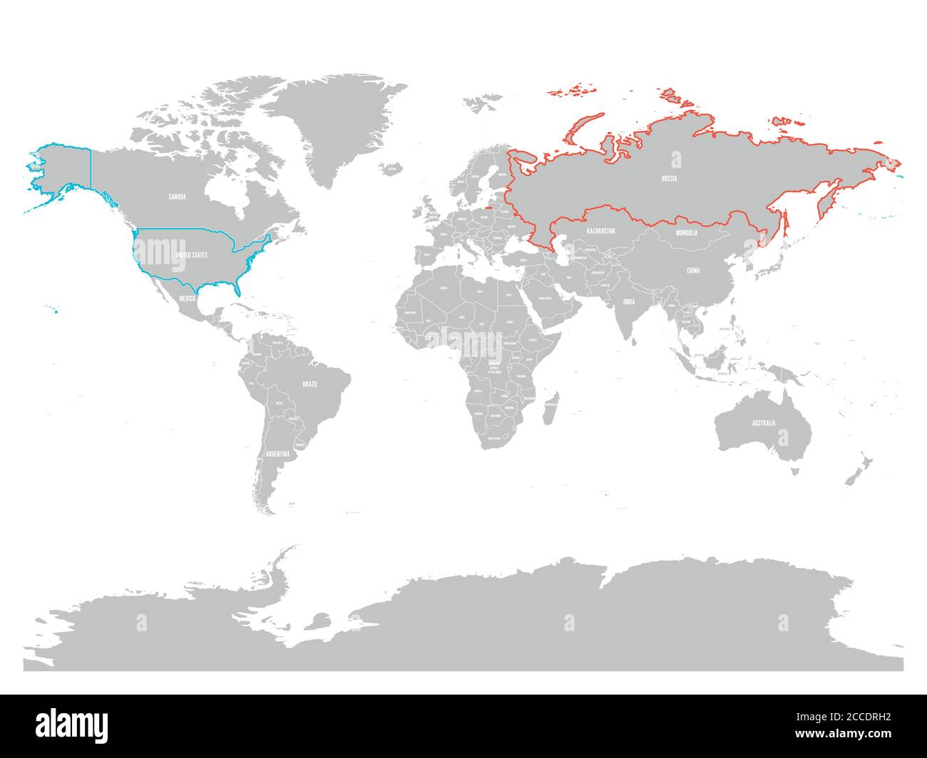 Die Vereinigten Staaten und Russland auf der politischen Karte der Welt hervorgehoben. Vektorgrafik. Stock Vektor