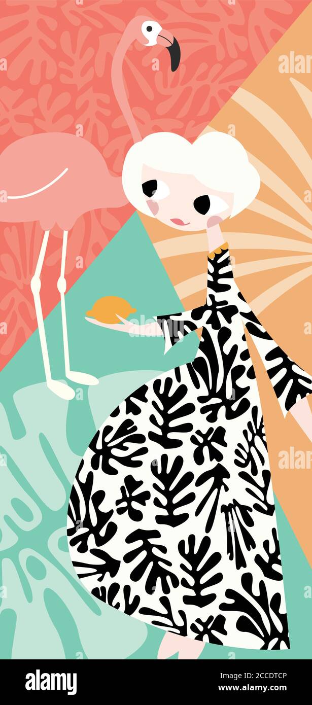 Mädchen mit Flamingo und Henri Matisse inspiriert Dekoration, Vektor-Illustration Stock Vektor