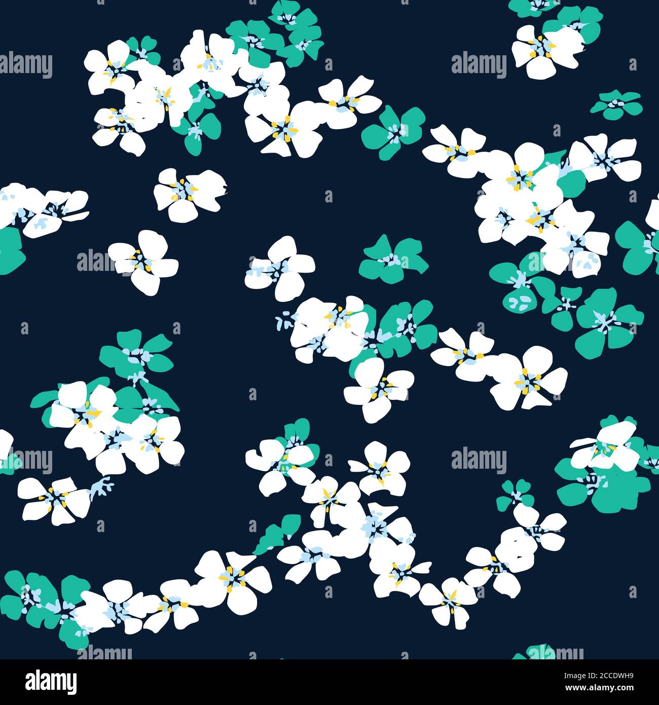 Nahtlose Hand gezeichnet Abstrakt von Mini-Blumen. Weiß und Mint Farben wiederholende Vektor-Muster auf dunkelblauem Hintergrund bereit für Textildrucke. Stockfoto