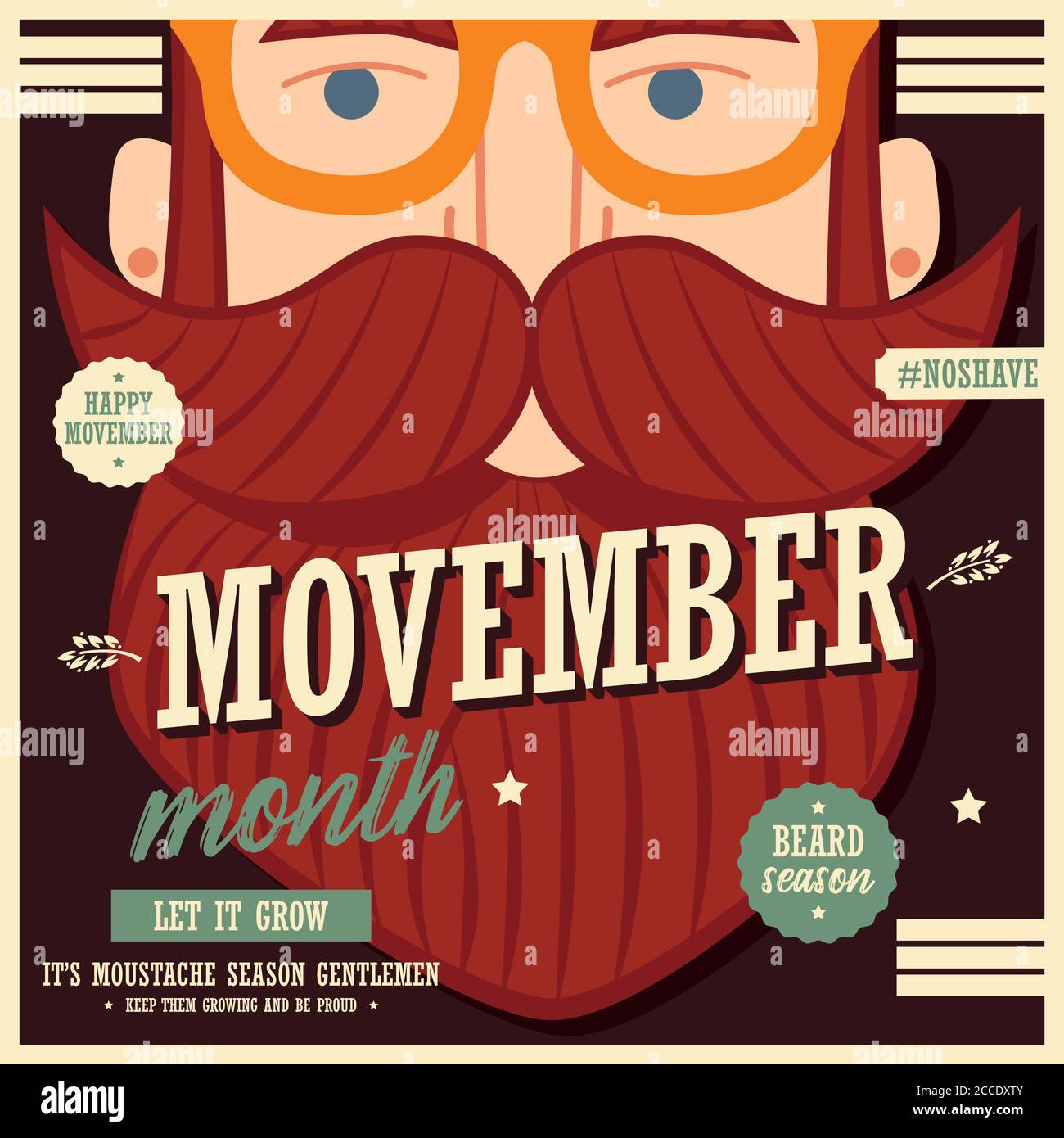 Movember Poster Design, Prostatakrebs Bewusstsein, Hipster Mann mit Bart und Schnurrbart, Vektor-Illustration Stock Vektor