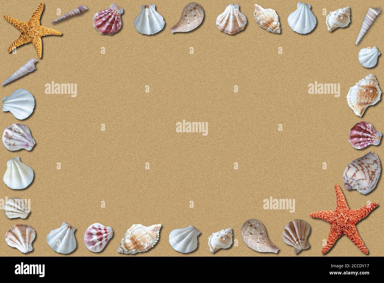 Sandstrand Sommer Hintergrund mit umliegenden Muscheln und Copy Space. Stockfoto