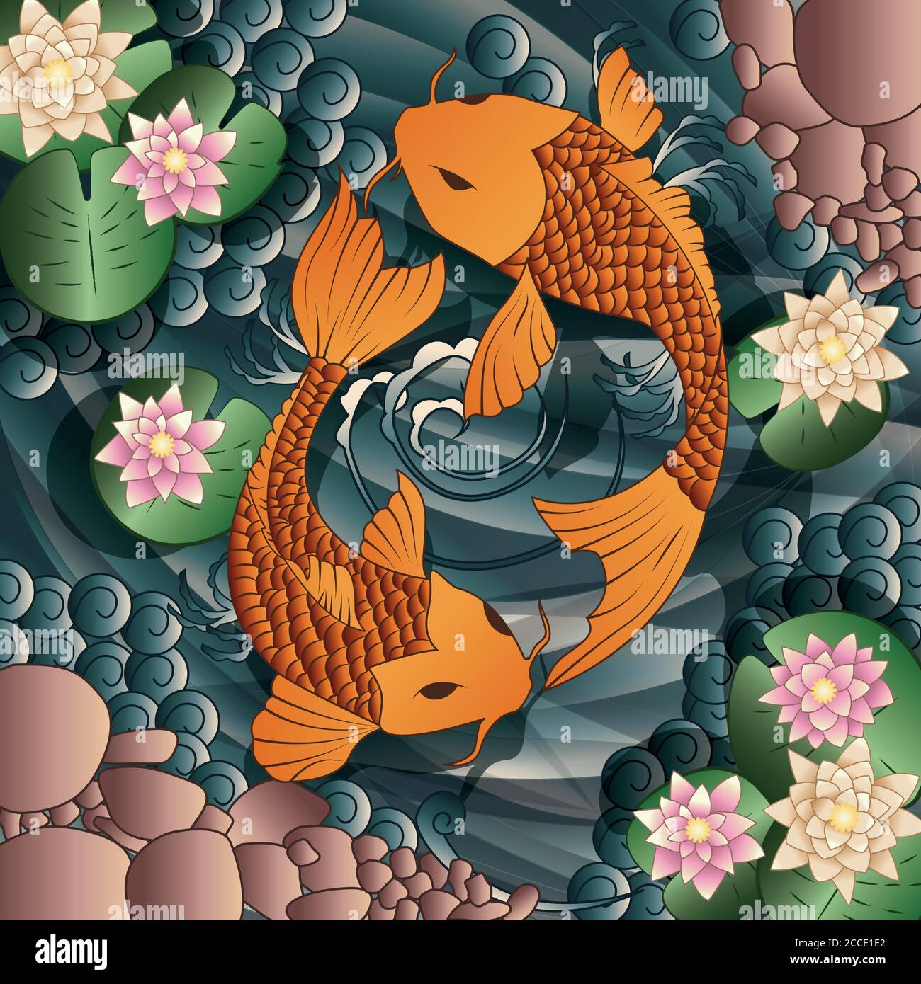 Karpfen Koi Fische schwimmen in einem Teich mit Seerosen, Vektor