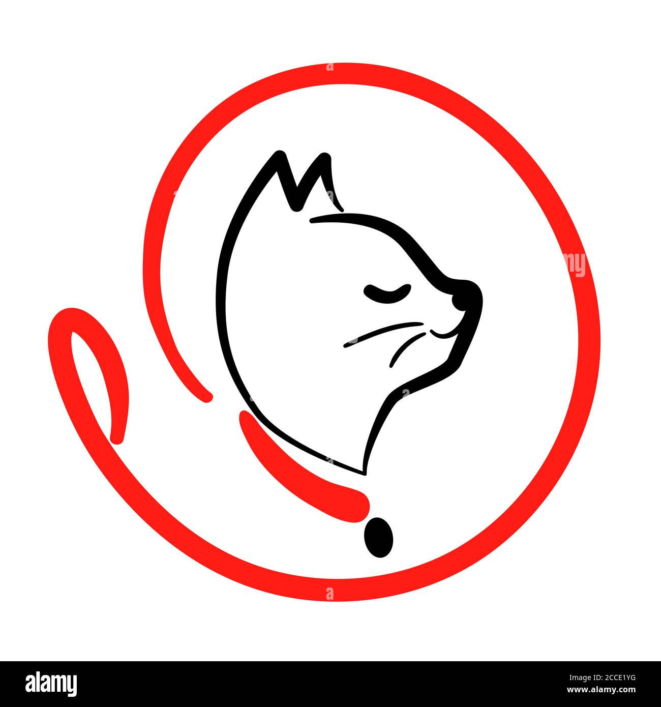 CAT Walking Service Logo in Linie Stil auf rund von Leine. Happy Kitty Training Icon. Fuß Haustier Symbol in schwarz rot Vektor Umriss Illustration. Einfache Cartoon Tier-Logo. Stock Vektor