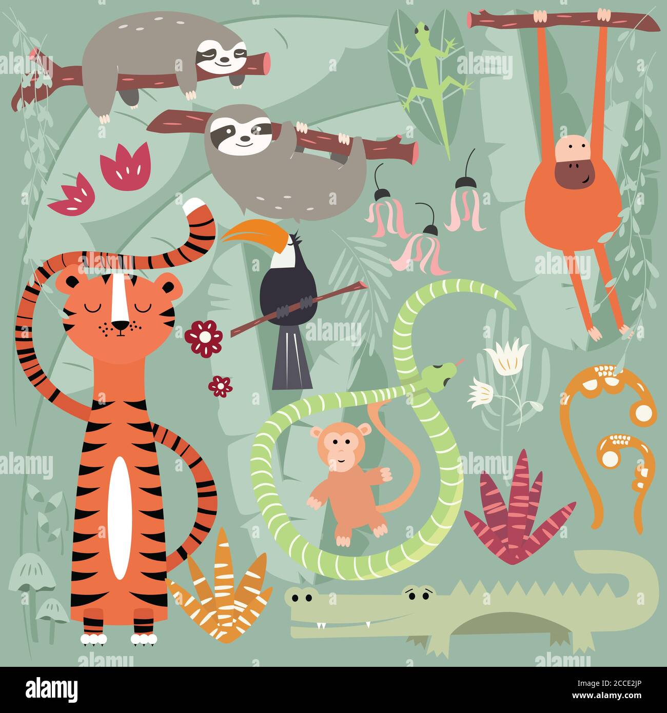 Sammlung von niedlichen Regenwald Tiere, Tiger, Schlange, Faultier, Affe, Vektor-Illustration Stock Vektor