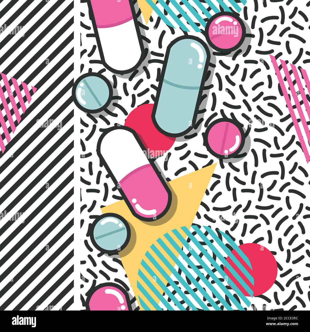 Pillen und Kapseln nahtlose Muster, Pop modernes Design, kräftige Farben und Geometrie, Vektor-Illustration Stock Vektor