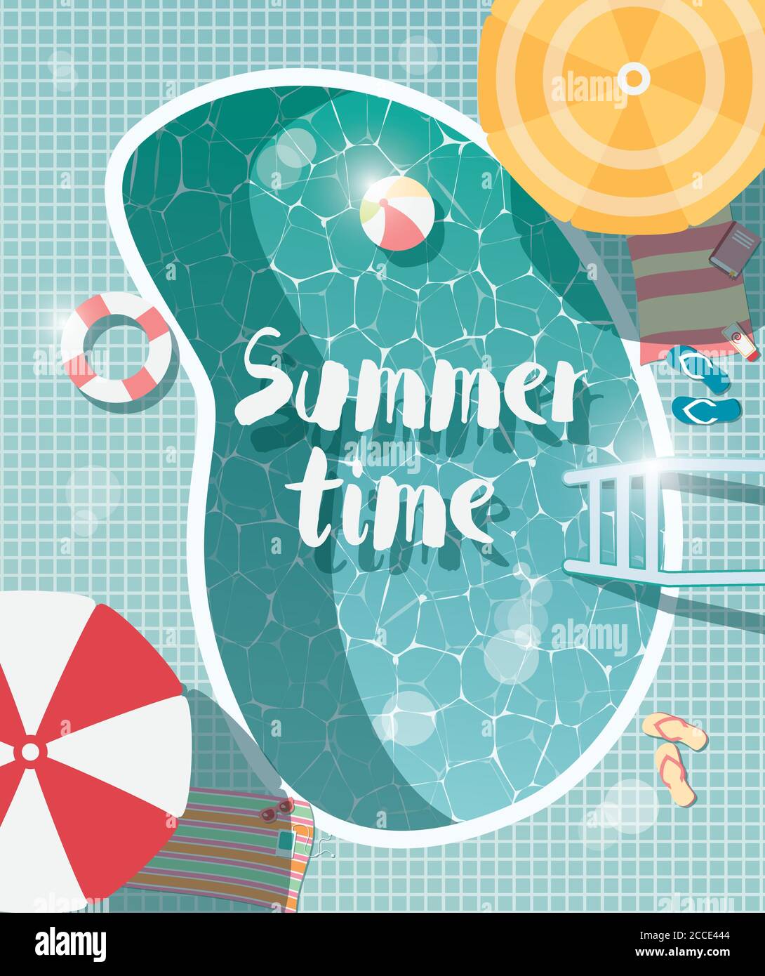 Schwimmbad, Draufsicht, Sommerurlaub, klares Wasser mit Sonnenschirmen, Vektorgrafik Stock Vektor