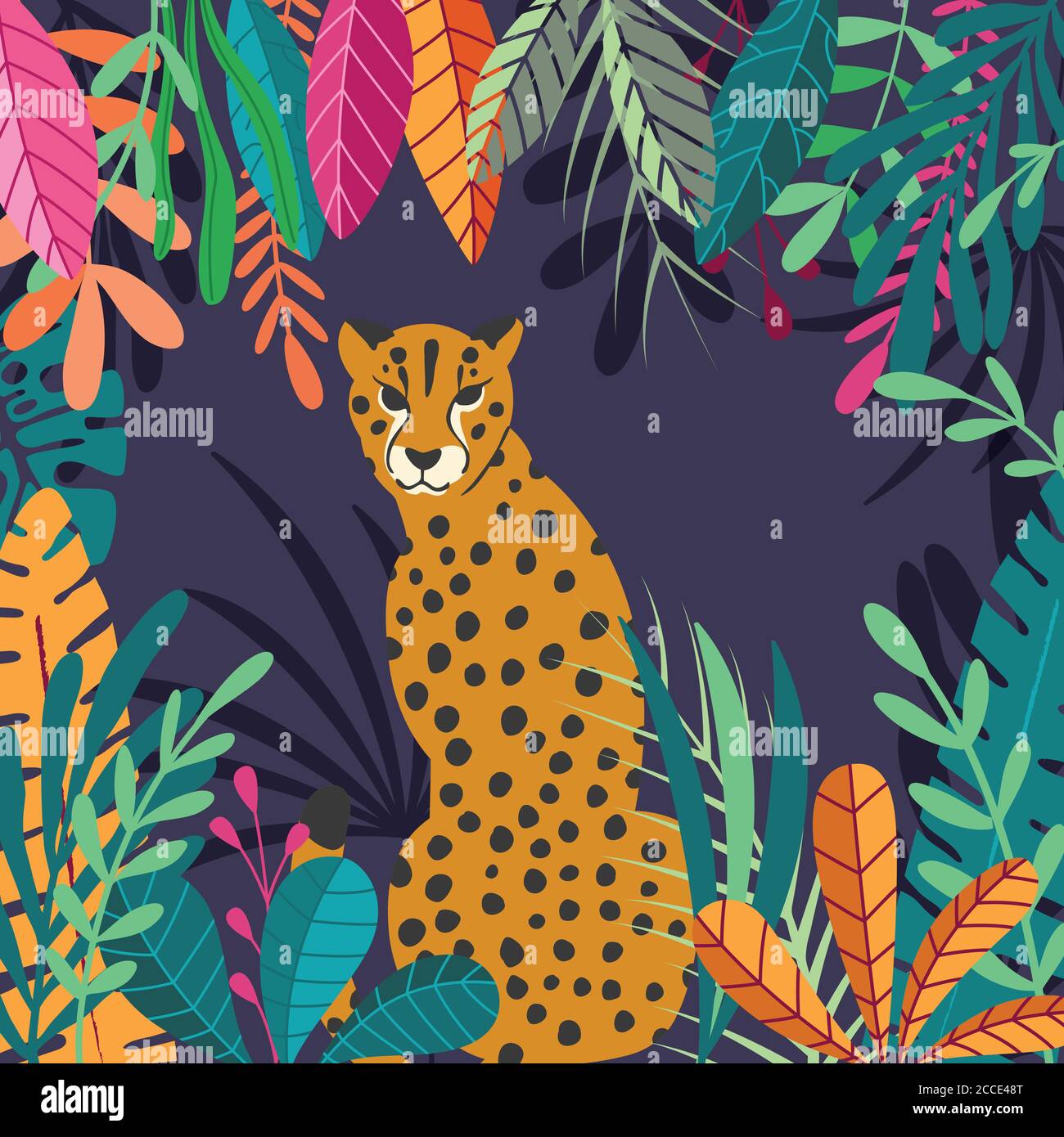 Cute exotische wilde große Katze Geparden auf dunklen tropischen Hintergrund mit Sammlung von exotischen Pflanzen sitzen. Flache Vektorgrafik Stock Vektor