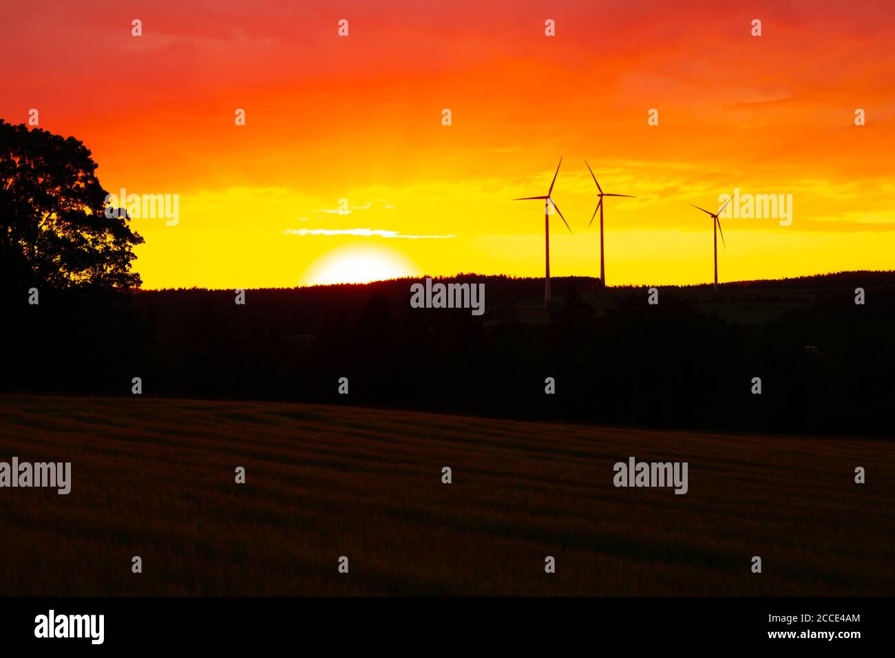 Orange Sky Sonnenuntergang mit Windturbinen Silhouetten im Hintergrund Stockfoto