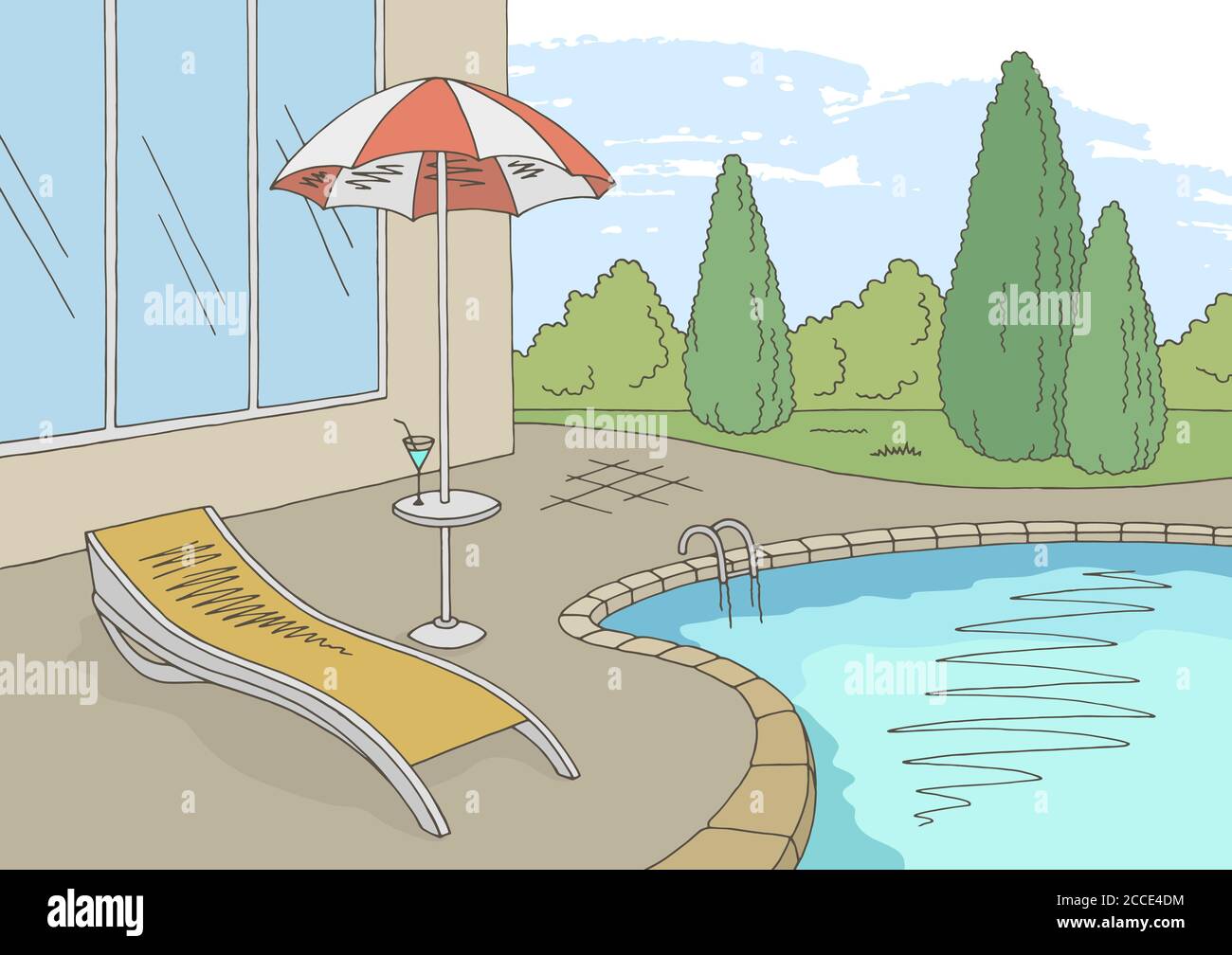 Schwimmbad Grafik Farbe Landschaft Skizze Illustration Vektor Stock Vektor