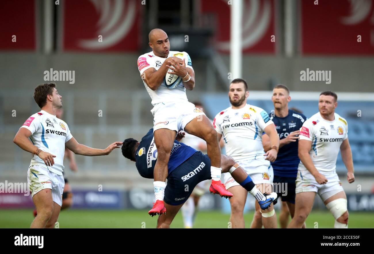 Olly Woodburn von Exeter Chiefs fängt beim Gallagher Premiership-Spiel im AJ Bell Stadium, Salford, einen hohen Ball ein. Stockfoto