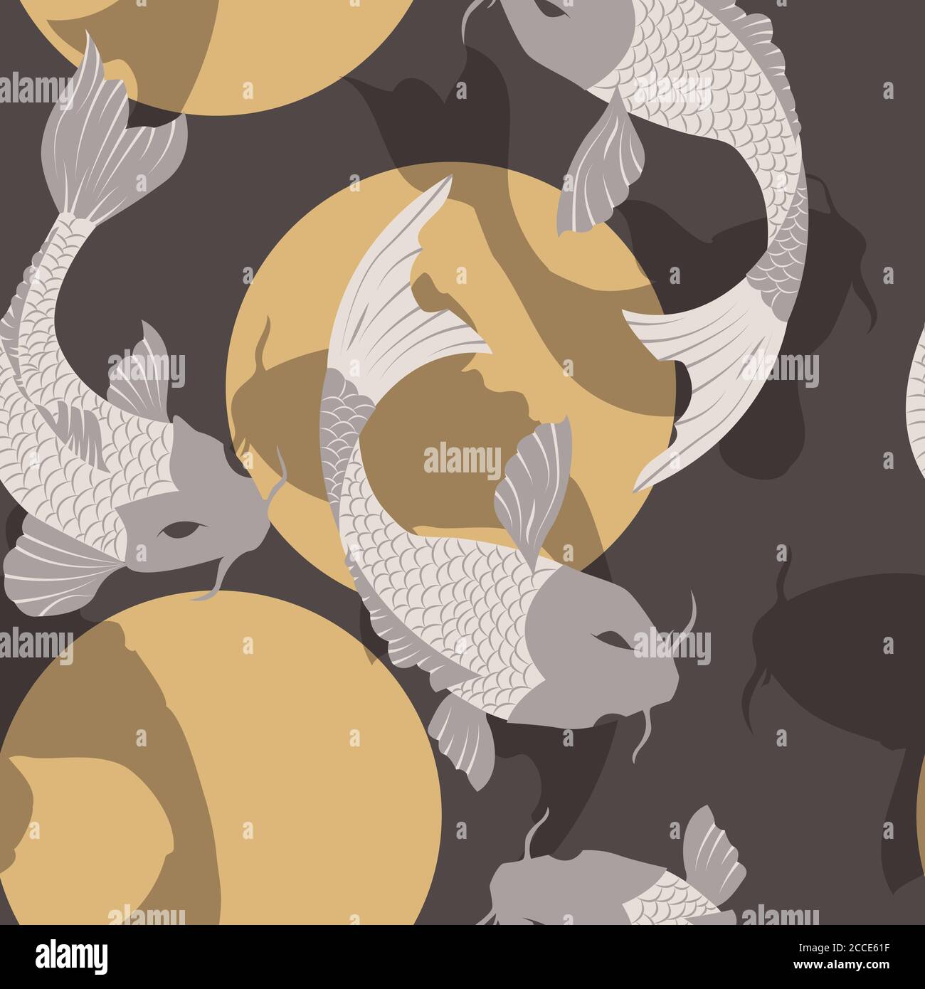 Nahtloses Muster mit Karpfen Koi Fisch und Sonne, traditionelle japanische Kunst, Vektor-Illustration Stock Vektor