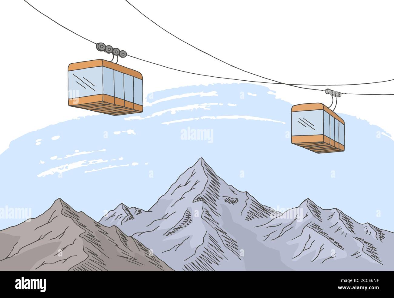 Cable Car Grafik Berg Farbe Landschaft Skizze Illustration Vektor Stock Vektor