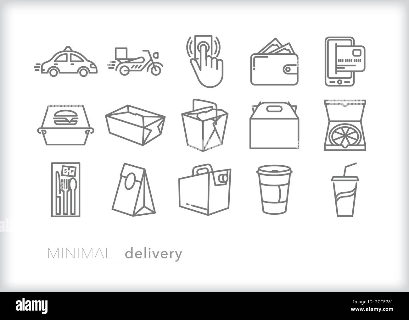 Set mit 15 Symbolen für die Lieferung von Lebensmitteln für die Bestellung von Mittagessen, Abendessen und Kaffee, die mit dem Auto oder Fahrrad geliefert werden Stock Vektor