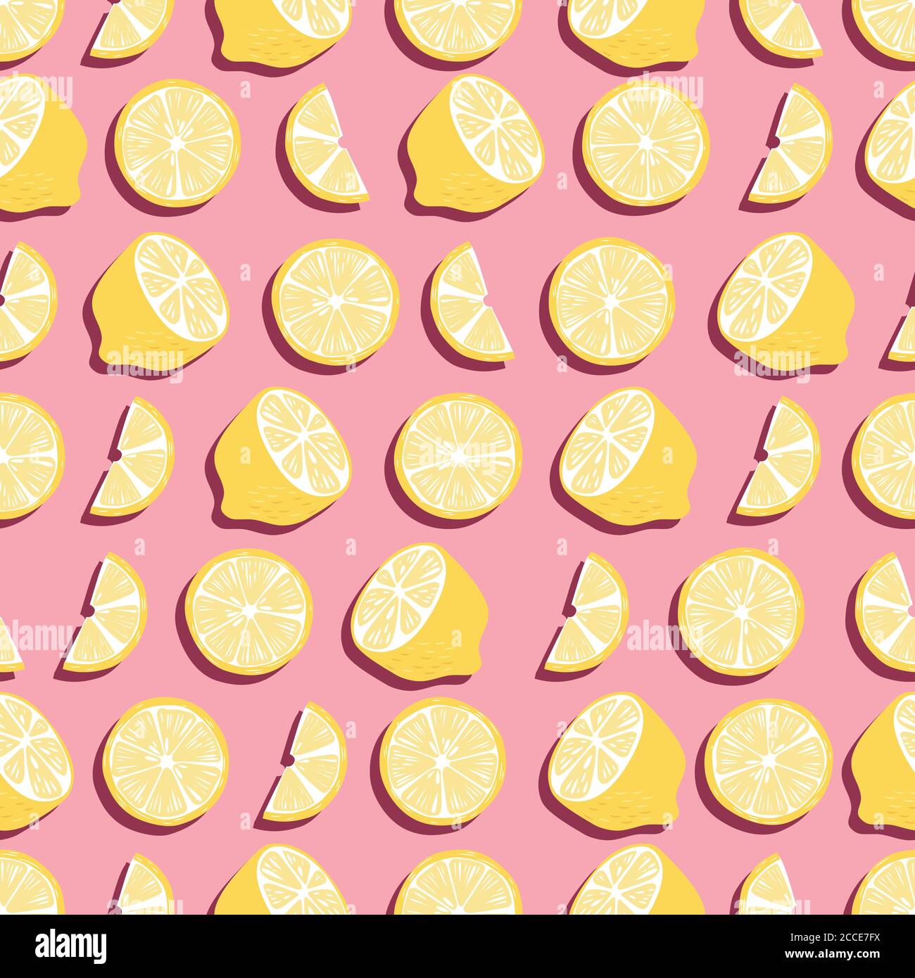 Frucht Nahtloses Muster, Zitronen mit Schatten auf rosa Hintergrund. Sommerliches, lebendiges Design. Exotische tropische Früchte. Farbenfrohe Vektorgrafik Stock Vektor