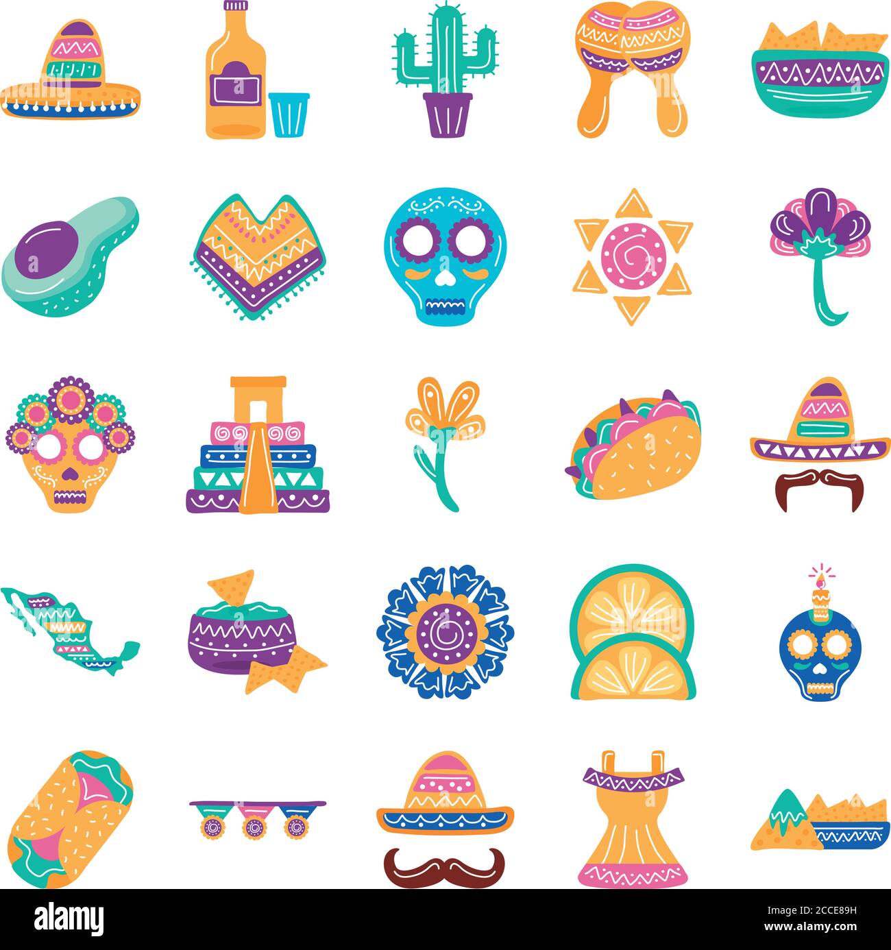 Bündel von fünfundzwanzig mexikanischen Ethnizität Set Sammlung Symbole Vektor Illustrationsdesign Stock Vektor