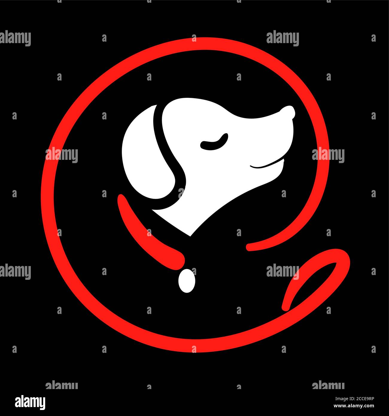 Hund Silhouette Walking Service-Logo auf rund aus roter Leine. Happy Puppy Training Symbol. Fußtiersymbol in schwarzer Vektorgrafik. Einfache Cartoon Tier-Logo. Stock Vektor