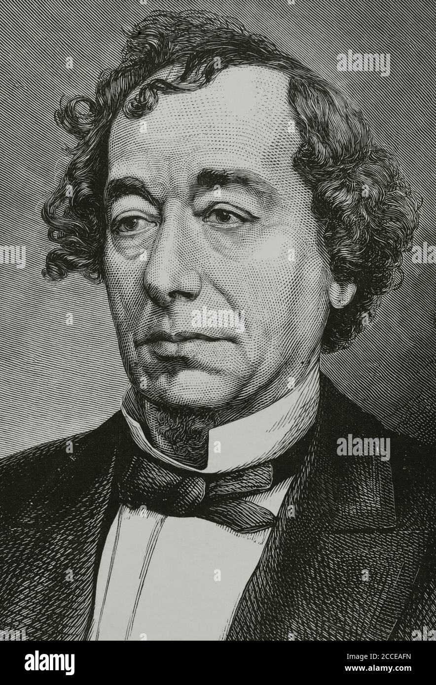 Benjamin Disraeli (1804-1881). Britischer Staatsmann und Schriftsteller. Zweimal Premierminister des Königreiches von Unied (1868, 1874-1880). Führer der konservativen Partei "Tory" in England. Hochformat. Gravur. La Ilustracion Española y Americana, 1881. Stockfoto