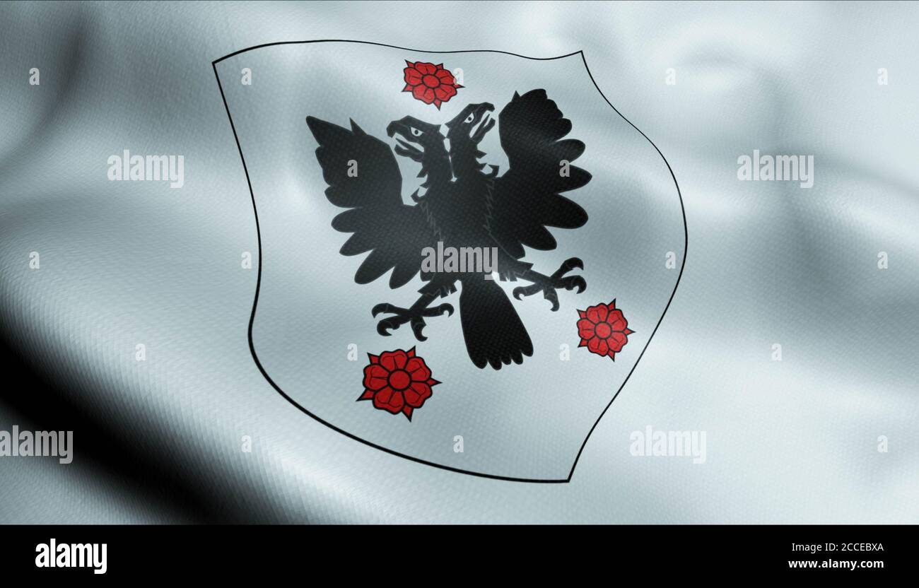 3D Illustration einer wehenden belgischen Stadtflagge von Deinze (Land Belgien) Stockfoto