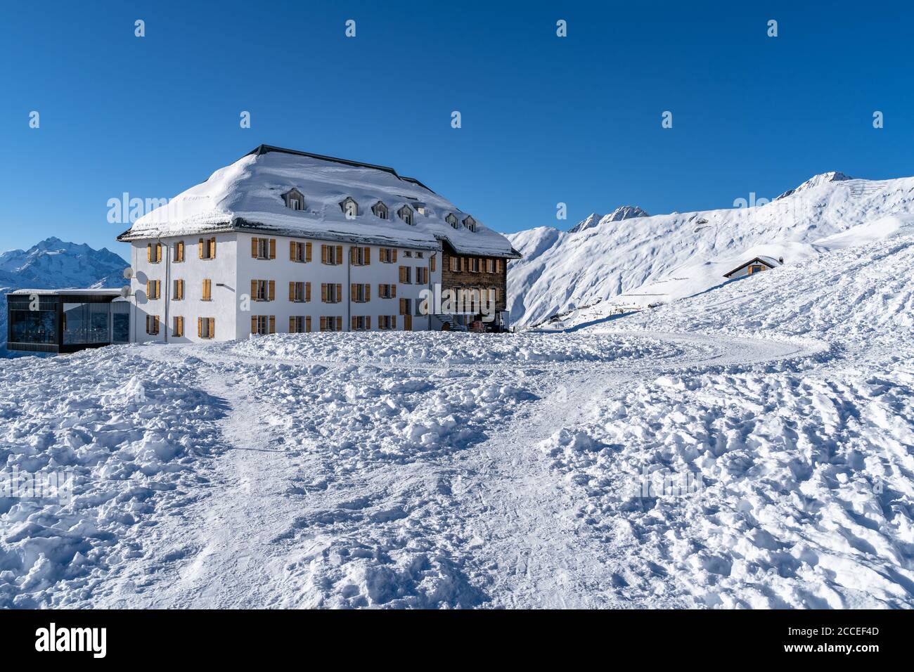 Europa, Schweiz, Wallis, Belalp, Hotel Belalp im Winter Stockfoto