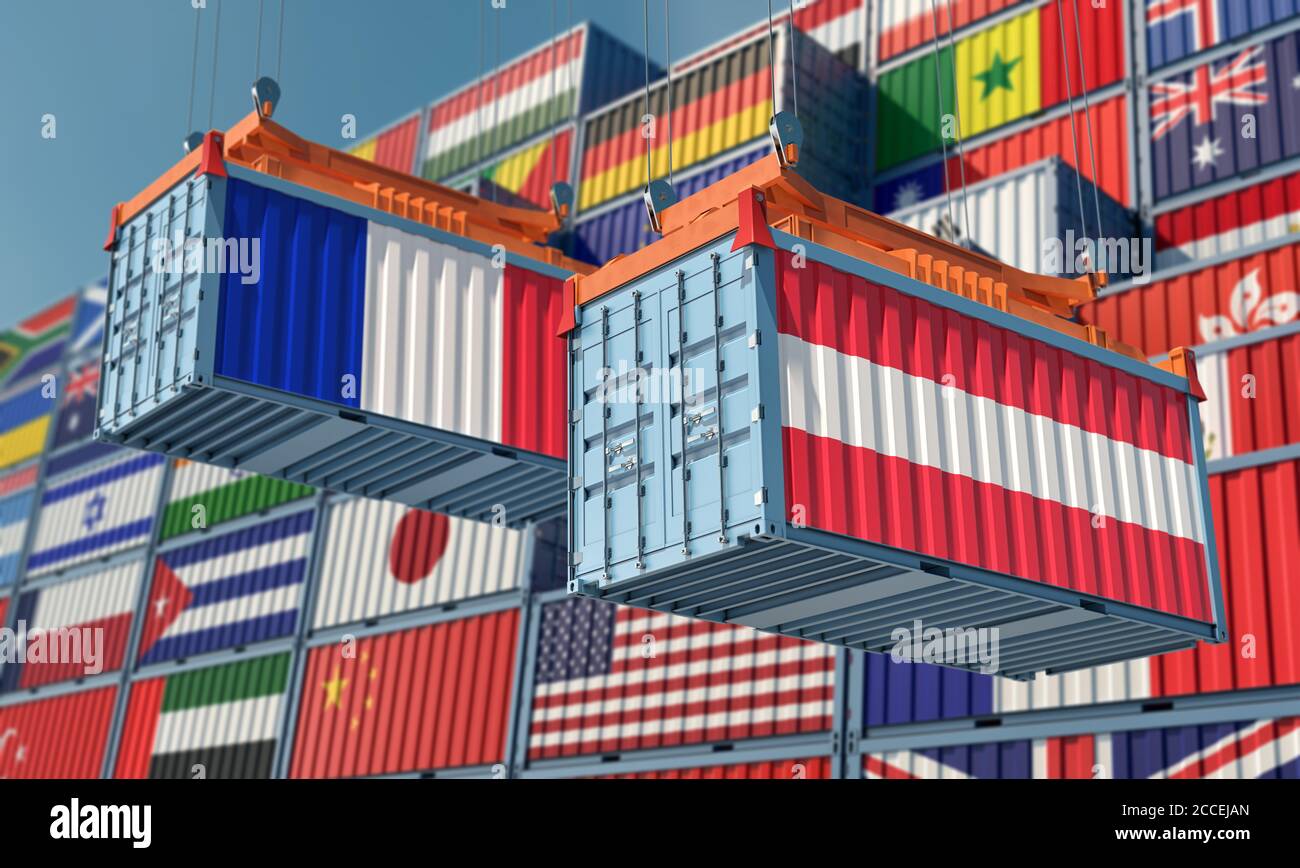 Frachtcontainer mit Österreich und Frankreich Flagge. 3D-Rendering Stockfoto