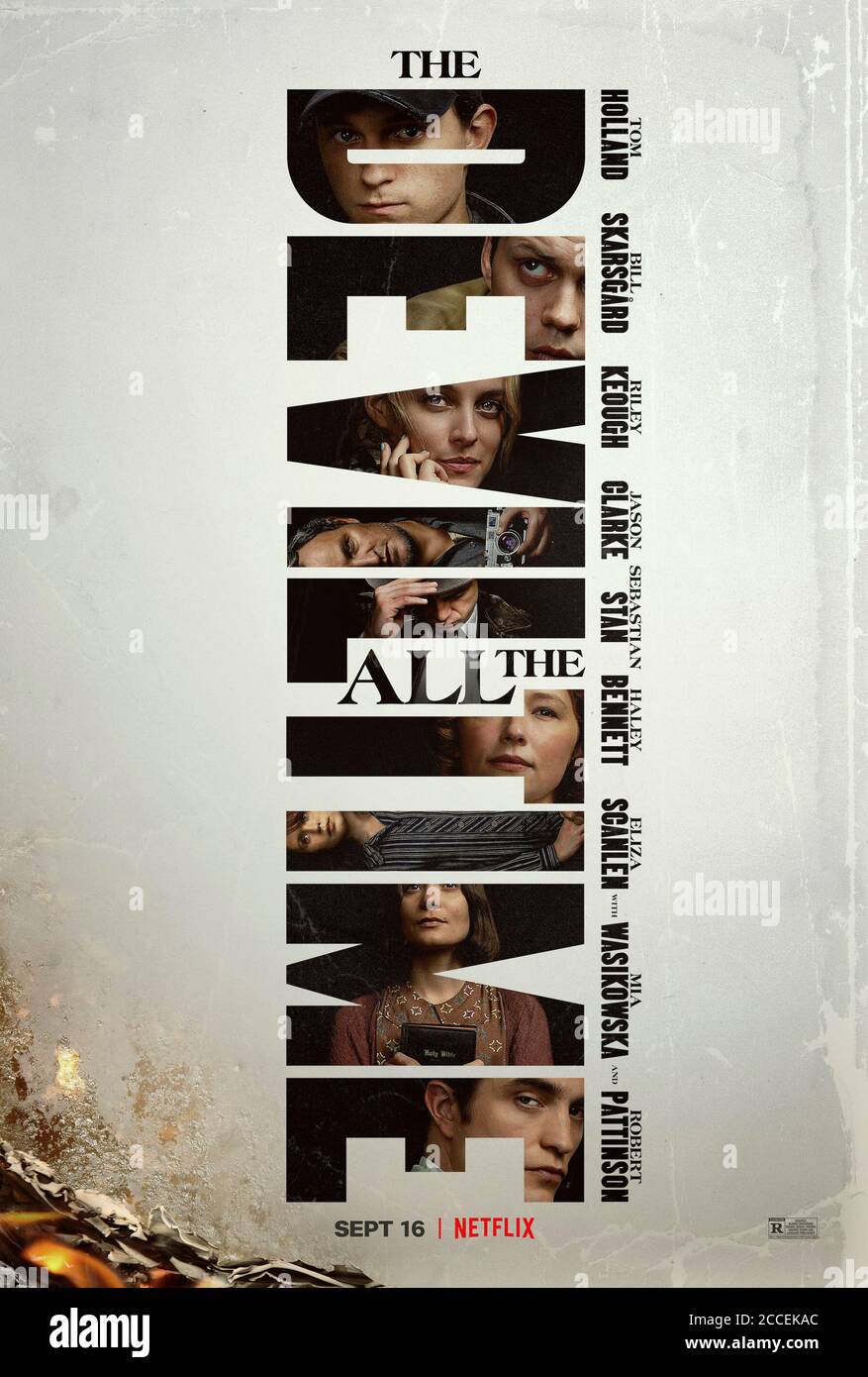 The Devil All the Time (2020) von Antonio Campos mit Robert Pattinson, Tom Holland, Sebastian Stan, Riley Keough und Haley Bennett. Die Adaption von Donald Ray Pollocks Buch folgt dem Schicksal verschiedener Charaktere, die jeweils ein Geheimnis halten und in ländlichen Amerika von der Zeit nach dem Zweiten Weltkrieg bis in die 1960er Jahre leben NUR ZUR REDAKTIONELLEN VERWENDUNG des US-Advance-Posters. Kredit: BFA/Netflix Stockfoto