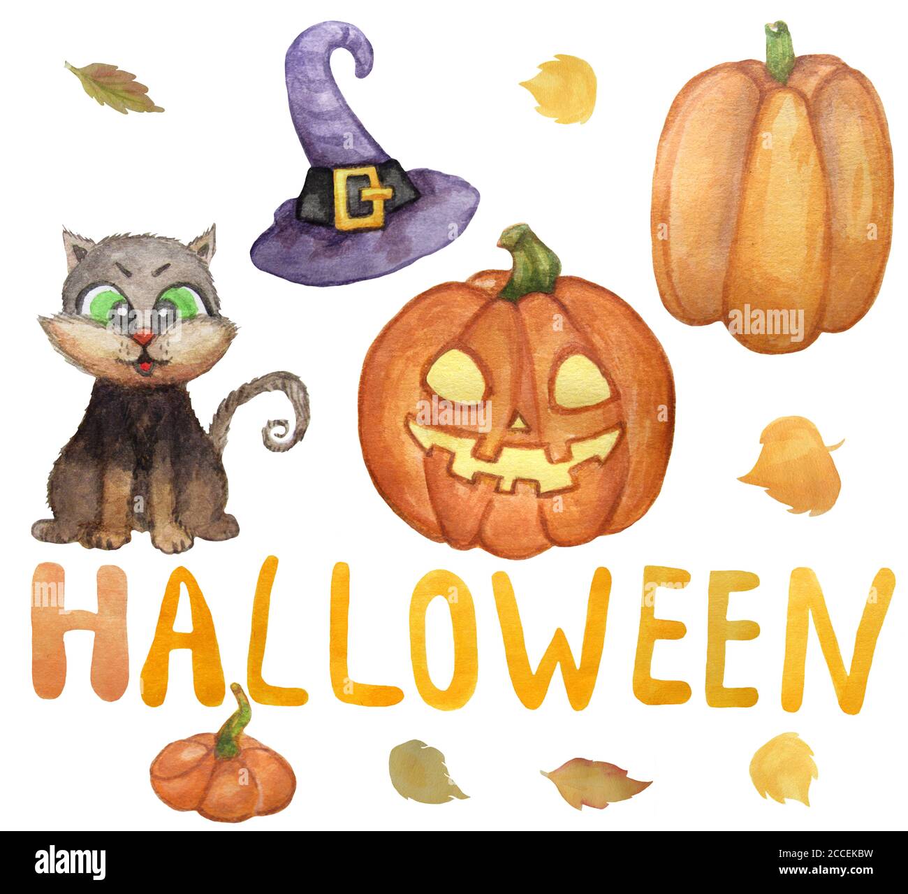 Halloween-Urlaub. Niedliche Illustrationen Zeichnungssatz - eine schwarze Katze mit grünen Augen, ein orangefarbener Kürbis, ein lila Hexenhut und Jack-Taschenlampe Stockfoto