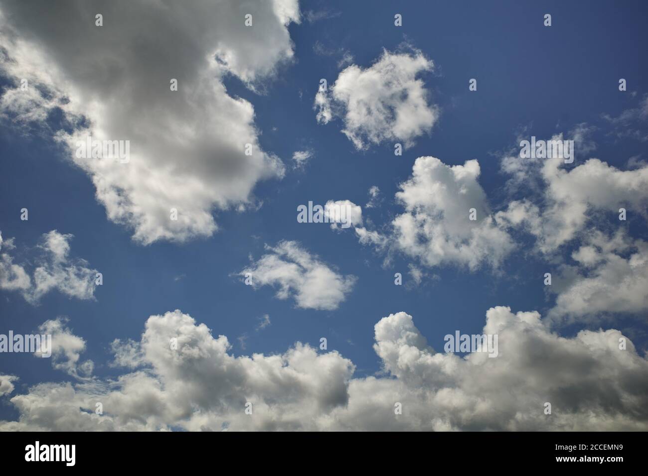 Flauschige Kumuluswolken im herrlichen blauen Himmel. Ein Himmel mit Sonnenlicht. Hintergrund für Vorhersage und Meteorologie Illustration Stockfoto
