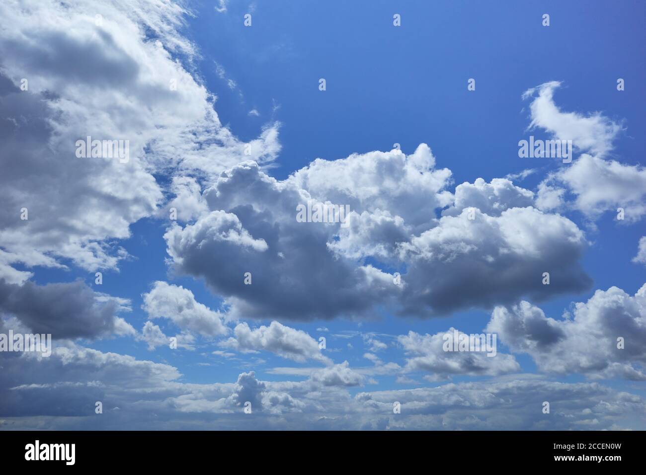 Blauer Himmel mit flauschigen Cumuluswolken, die wie Stücke von schwebender Baumwolle aussehen. Hintergrund für Vorhersage und Meteorologie Illustration Stockfoto
