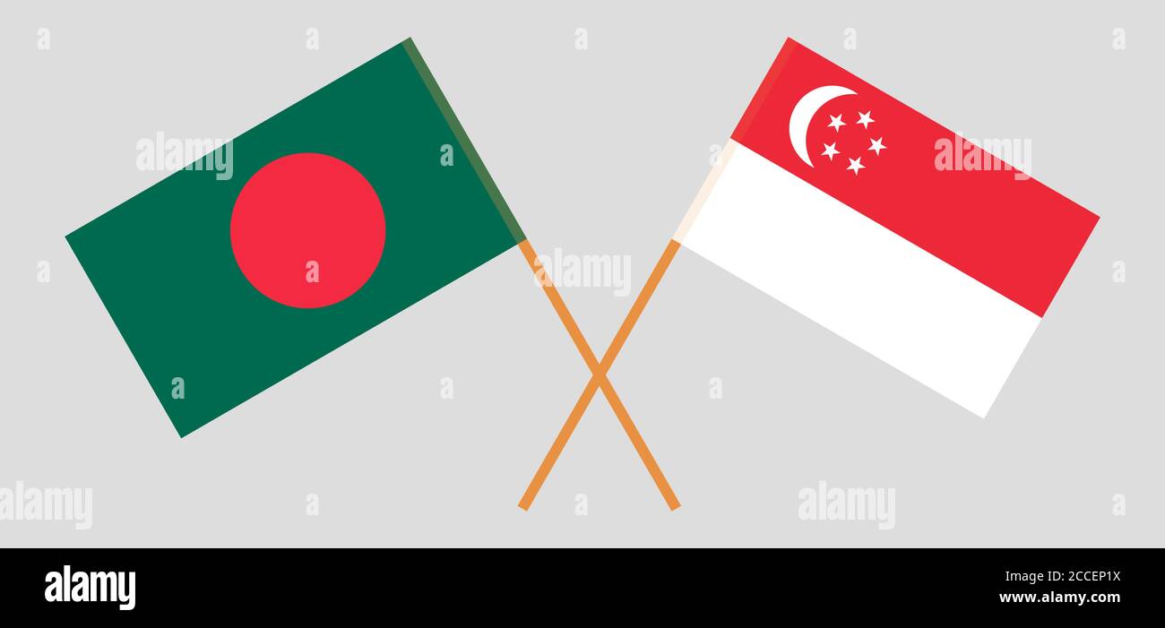 Gekreuzte Flaggen von Bangladesch und Singapur. Offizielle Farben. Korrektes Verhältnis. Vektorgrafik Stock Vektor