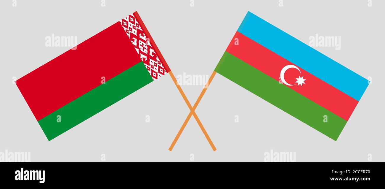 Gekreuzte Flaggen Weißrussland und Aserbaidschan. Offizielle Farben. Korrektes Verhältnis. Vektorgrafik Stock Vektor