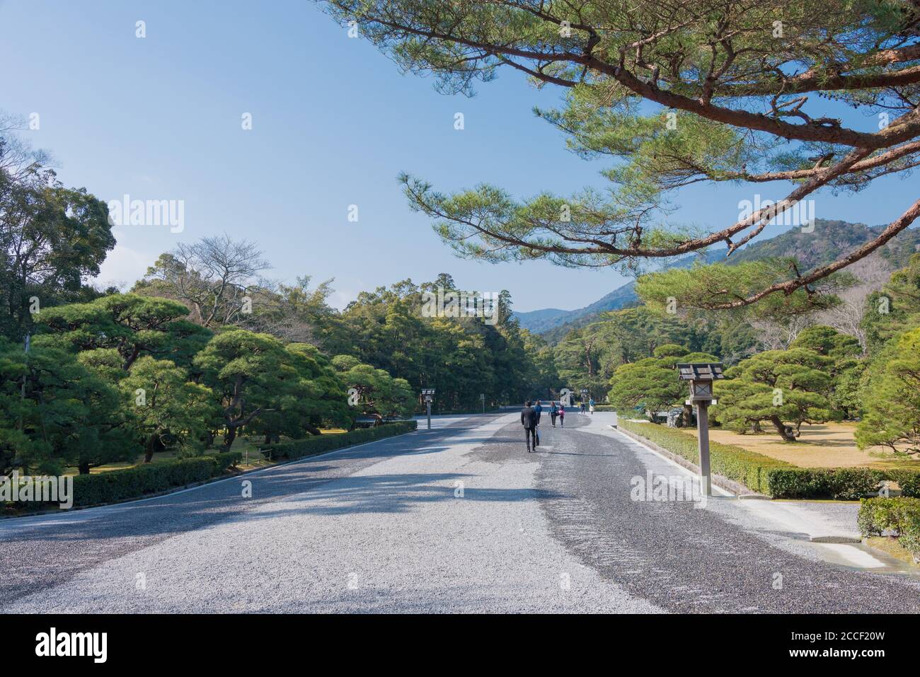 Mie, Japan - Annäherung am Ise Grand Shrine (Ise Jingu Naiku - innerer Schrein) in Ise, Mie, Japan. Der Schrein war eine Geschichte von über 1500 Jahren. Stockfoto