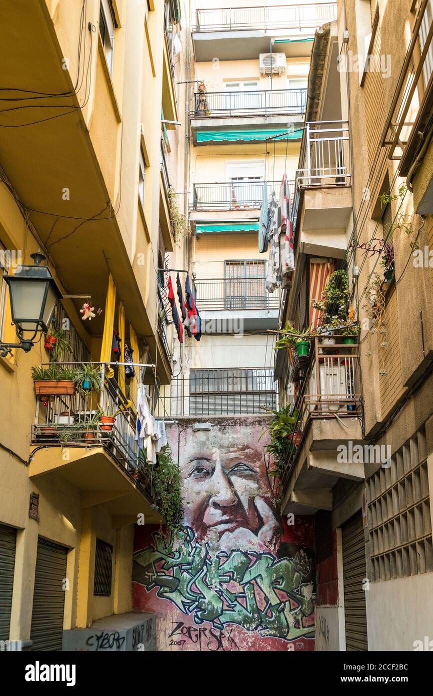 Spanien, Granada, Realejo, Street Art des Künstlers Raul Ruiz, Portrait einer Frau, Hinterhof Stockfoto