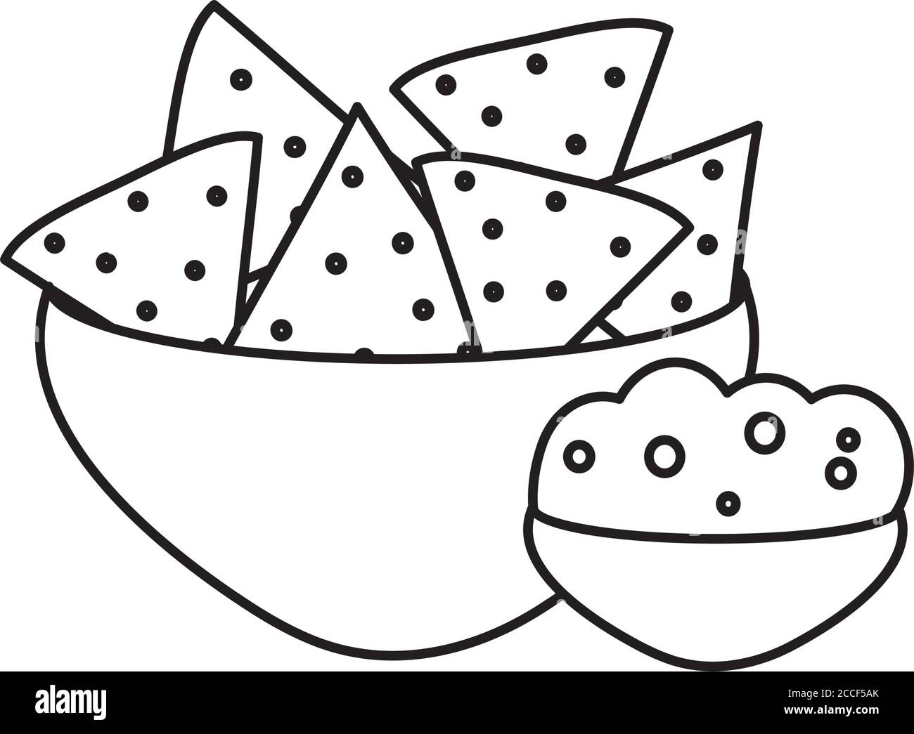 mexikanisches Kulturkonzept, Schüssel mit Nachos und Guacamole auf weißem Hintergrund, Linienstil, Vektorgrafik Stock Vektor