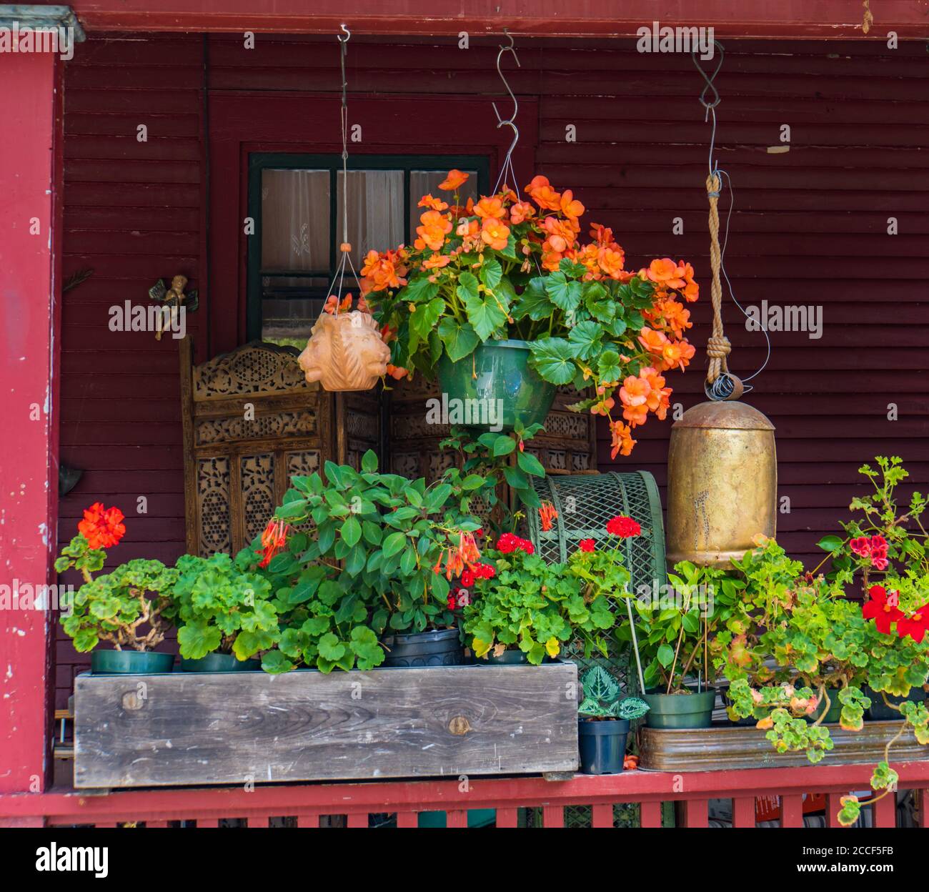 Orange und rote Blumen markieren eine Veranda mit Dekorationen Stockfoto