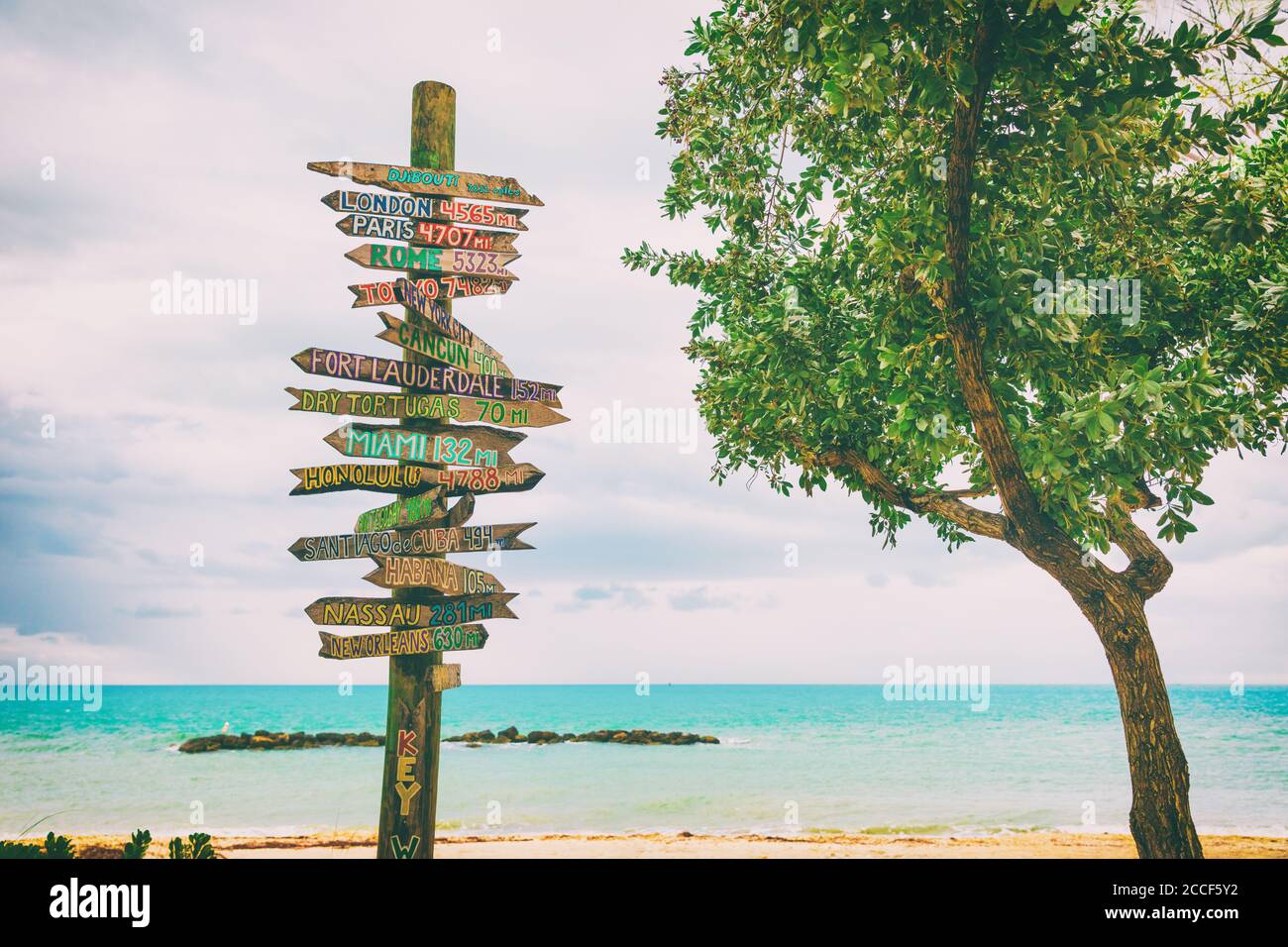 Key West beliebte Touristenattraktion am Florida Zachary Strand, hölzerne Wegweiser, die Entfernungen zu berühmten Orten signalisieren, die die Welt bereisen Stockfoto