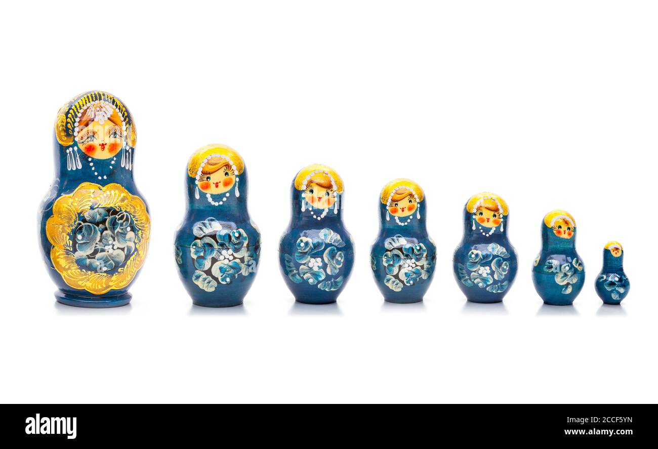 Matroschka Puppen isoliert auf weißem Hintergrund Stockfoto