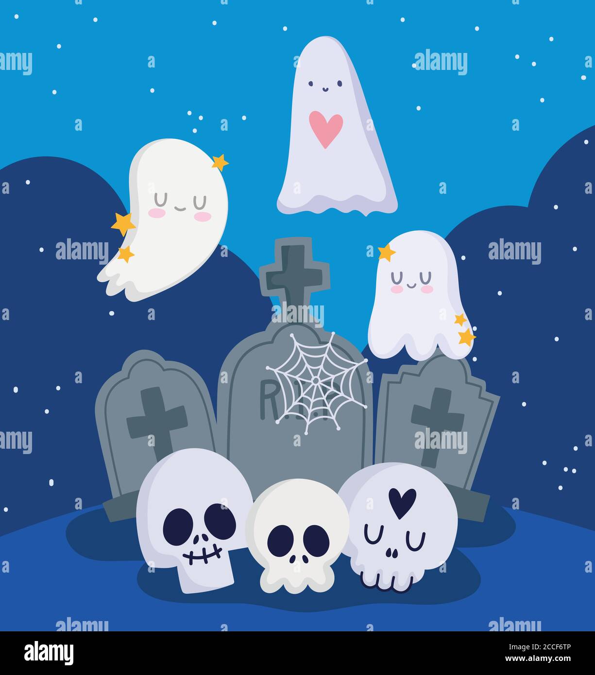 Happy halloween, Geister Schädel und Friedhof Grabsteine Trick or Treat Party Feier Vektor Illustration Stock Vektor