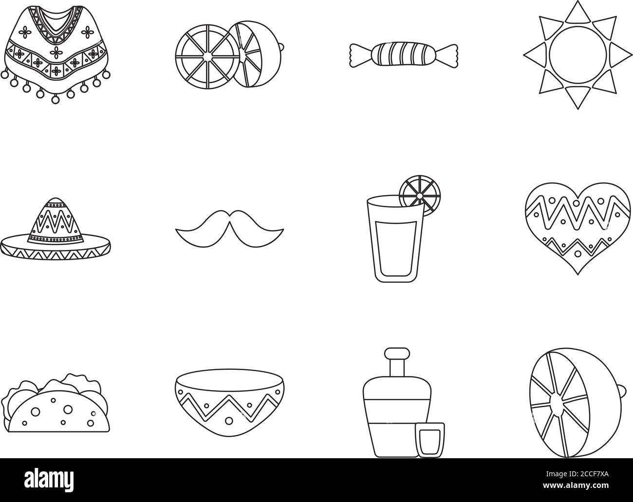 Schnurrbart und mexikanische Kultur Symbol auf weißem Hintergrund gesetzt, Linienstil, Vektor-Illustration Stock Vektor