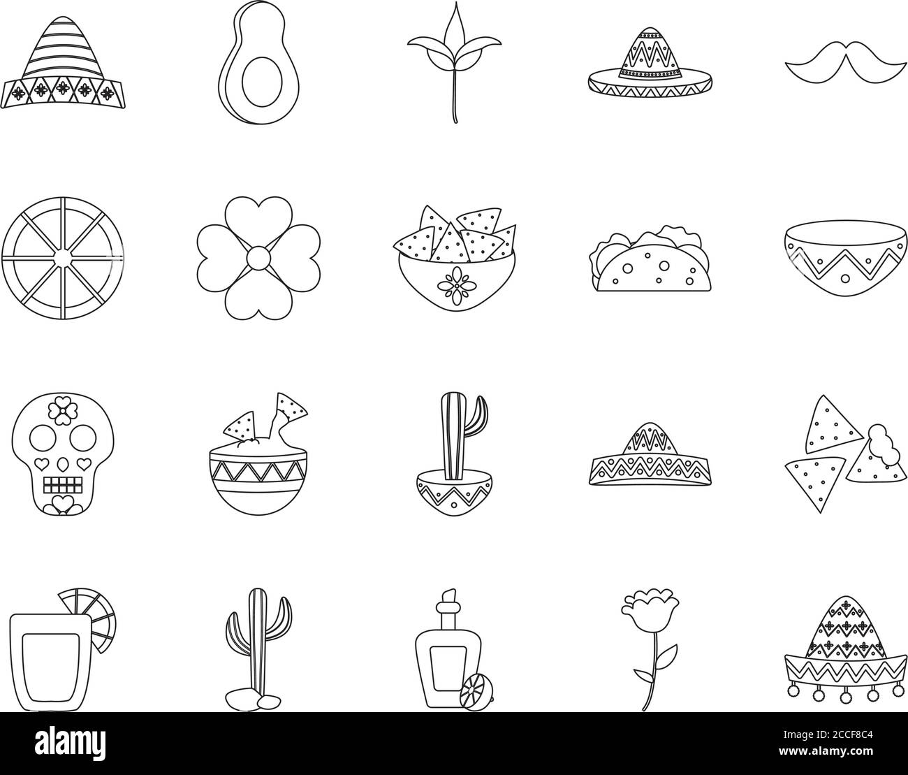 Blumen und mexikanische Kultur Symbol auf weißem Hintergrund gesetzt, Linienstil, Vektor-Illustration Stock Vektor