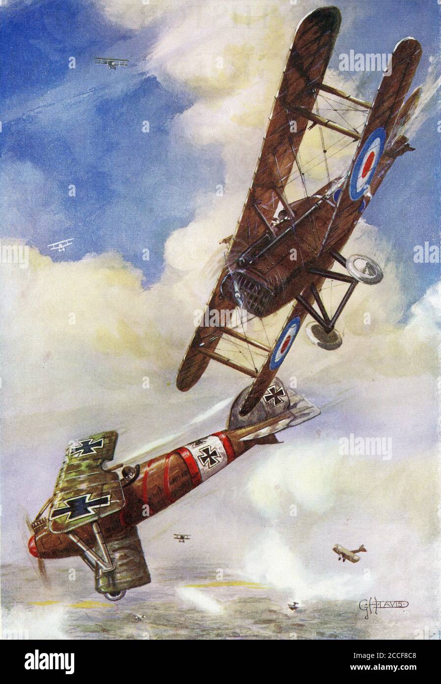 Halbton von Kampfflugzeugen in einem Hundekampf um die Westfront im Ersten Weltkrieg. Stockfoto