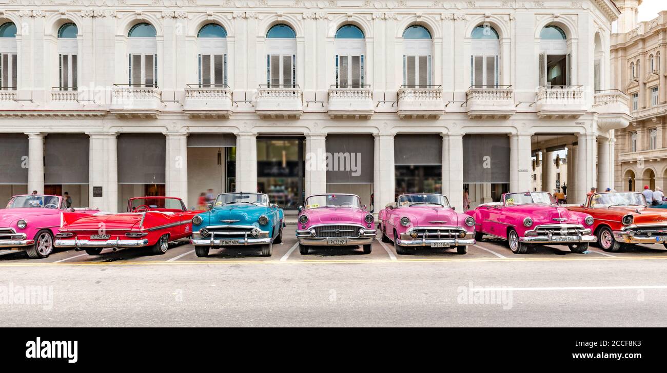 Oldtimer, Taxi, Parkplatz, rosa, rot, blau, orange, Kuba, Havanna Stockfoto