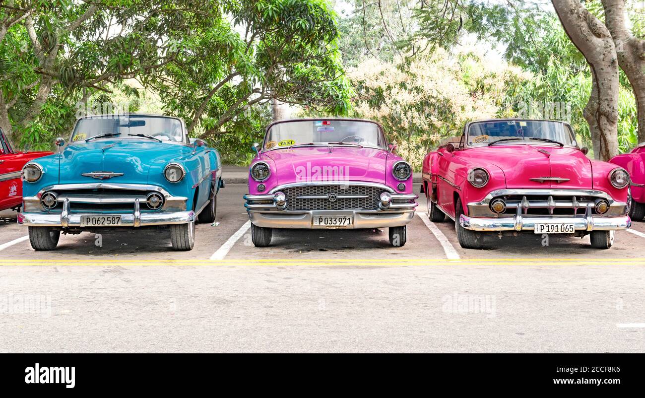 Kuba, Oldtimer-Taxis, Parken, blau, rosa, rot, Automarke aus den USA, menschenleer Stockfoto