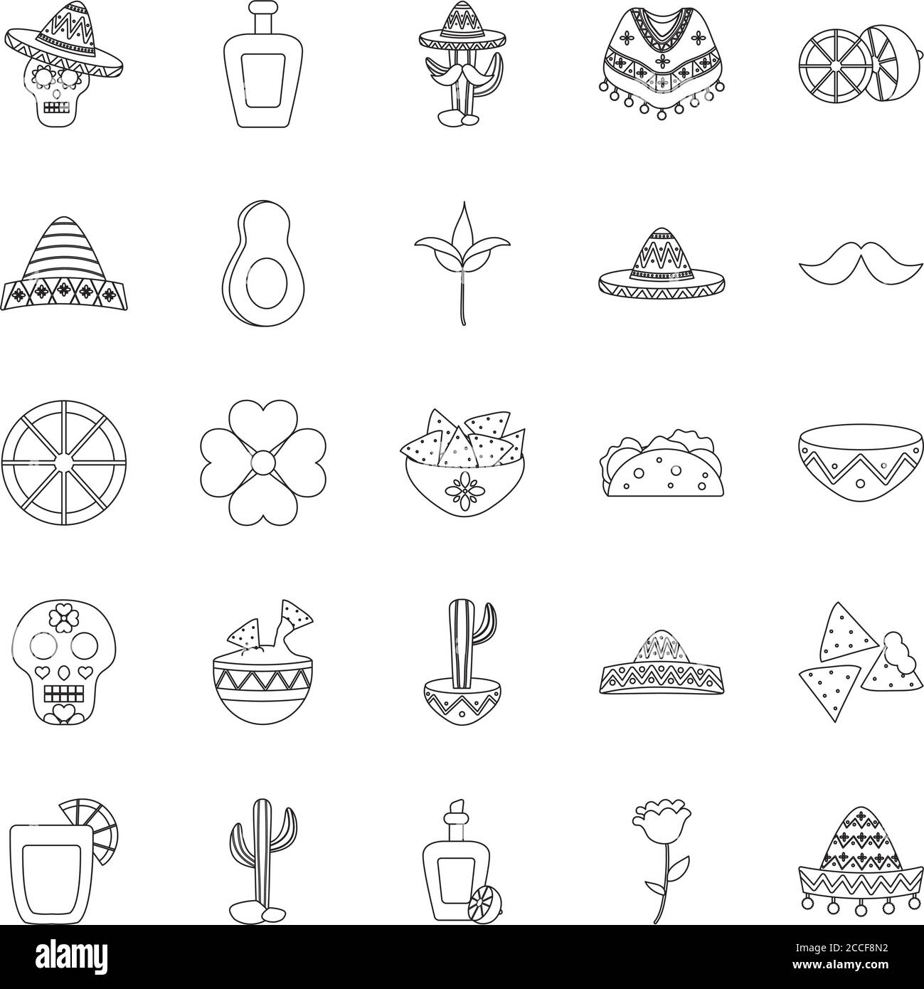 Avocado und mexikanische Kultur Symbol auf weißem Hintergrund, Linienstil, Vektor-Illustration gesetzt Stock Vektor