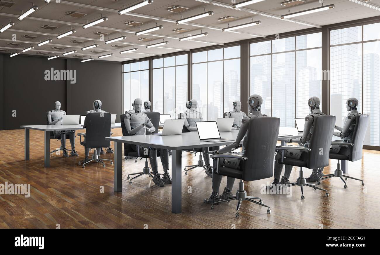 3D-rendering Roboter im Büro oder Konferenzraum arbeiten Stockfoto