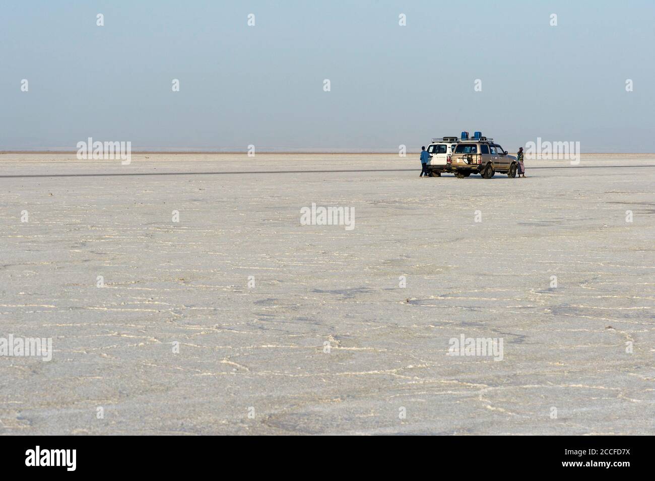 Auf der Salzkruste des Assale Salt Lake, Hamedala, Danakil Valley, Afar Region, Äthiopien stehen Allradfahrzeuge Stockfoto