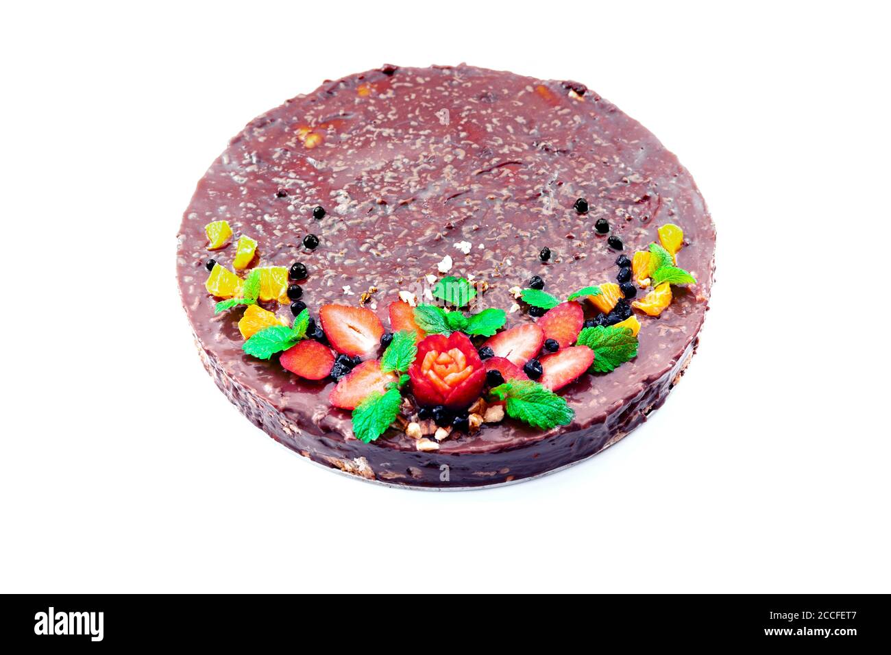 Hausgemachte Schokoladenkuchen mit Früchten Stockfoto